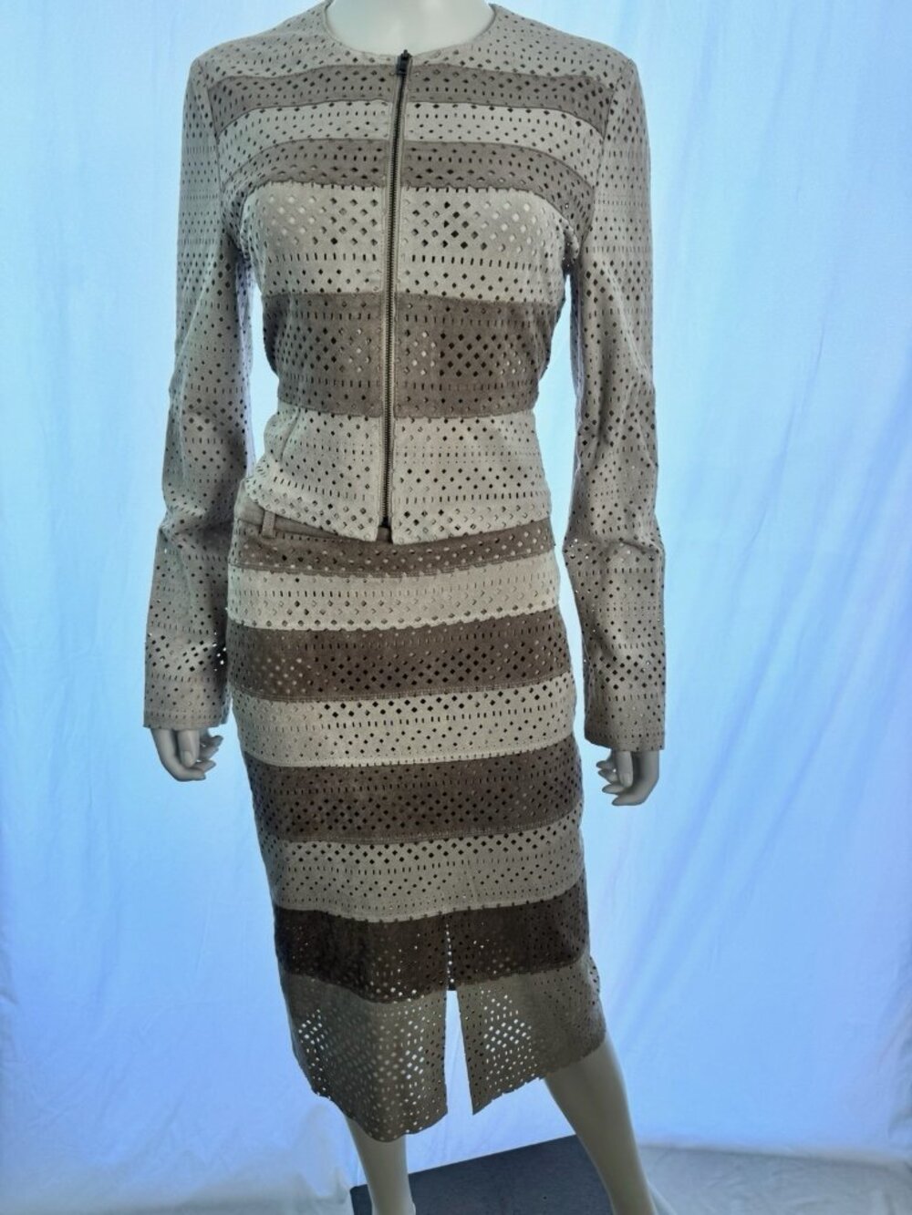 MARCIANO Suit Set 2 Pieces Beige Brown Jacket Zip  + Skirt Size M 04